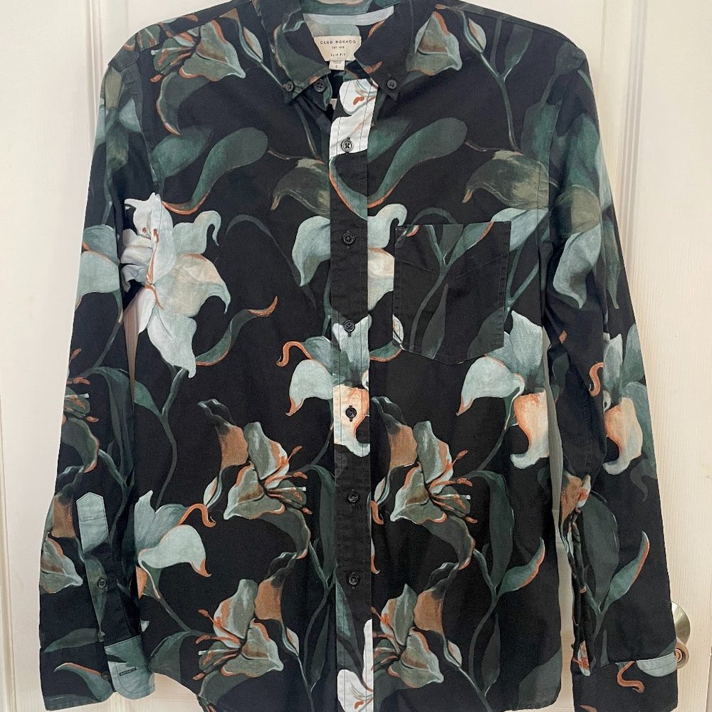 Men's Club Monaco LS Black Floral Dress Shirt - S